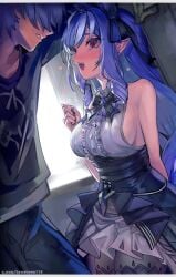 1boy bare_shoulders black_pantyhose blush breasts clenched_hand commentary_request female grey_hair heart large_breasts long_hair mole mole_under_eye oerba_yun_fang paid_reward_available pantyhose pointy_ears purple_nails red_eyes sideboob sleeveless straight sweatdrop teeth textless_version towatowa114 vivian_banshee wise_(zenless_zone_zero) zenless_zone_zero