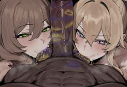 1boy 2girls 2girls1boy ai_assisted ai_generated black_skin blonde_hair blue_eyes brown_hair dark-skinned_male dark_skin ffm ffm_threesome furrowed_brow genshin_impact green_eyes heart heart-shaped_pupils heart_eyes jean_gunnhildr lipstick lipstick_mark lipstick_marks lipstick_on_balls lipstick_on_penis lipstick_ring lipstick_smear lisa_(genshin_impact) looking_at_viewer penis_awe penis_on_face penis_worship purple_lips purple_lipstick saliva saliva_drip saliva_on_penis saliva_trail submissive submissive_female submissive_human testicle_sucking testicles threesome truck-kun_art truck_kun yellow_lips yellow_lipstick