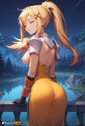 1girls ai_generated armor ass back black_gloves blonde_hair blush braid breasts breasts_out closed_eyes closed_mouth darkness_(konosuba) dress female forest gloves hair_ornament hi_res kono_subarashii_sekai_ni_shukufuku_wo! lake large_breasts long_hair medium_breasts mountain nature night night_sky nipples outdoors patreon_username pauldrons ponytail rule34lab shoulder_armor sky solo star_\\\\\\\\(sky\\\\\\\\) tree water x_hair_ornament yellow_dress