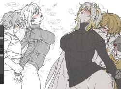 1boy black_sweater blonde_hair blush breasts clenched_teeth closed_eyes collared_shirt earrings english_text faust_(project_moon) female jewelry large_breasts limbus_company multicolored_hair n_corp._fanatic_(identity)_(project_moon) ohzv project_moon ribbed_sweater sex sex_from_behind shirt short_hair sinclair_(project_moon) speech_bubble straight streaked_hair sweater teeth wax_seal white_hair