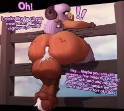 1dickgirl absurd_res after_sex animal_genitalia animal_humanoid animal_penis anus ass balls big_balls big_butt bodily_fluids bovid bovid_humanoid caprine caprine_humanoid cock-tail cum cum_in_ass cum_inside cum_on_anus cum_on_perineum dialogue dickgirl english_text equine_genitalia equine_penis fence freckles futa_sans_pussy futanari genital_fluids genitals gynomorph hair hi_res horn humanoid hung_bottom intersex looking_at_viewer looking_back mammal mammal_humanoid nude outside penis penis_backwards perineum pink_hair plundered sheep_humanoid short_stack solo stuck_in_fence talking_to_viewer text