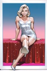 1boy ai_generated arm_support arms_behind_back athletic blonde_hair border crossdressing curtained_hair dark_eyes femboy foreshortening glitter gradient_background grey_eyes jimojo lipstick looking_at_viewer male minidress on_bed outside_border outstretched_leg pearl_earrings pectoral_cleavage pinup platinum_blonde_hair red_lipstick red_sheets shiny_clothes sitting smile solo solo_male spaghetti_strap sparkles stable_diffusion strap-on toned white_border white_dress white_shoes
