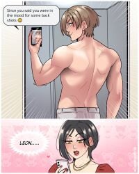 1boy 1girls ada_wong ada_wong_(adriana) back back_view black_hair blue_eyes blush brown_eyes brown_hair capcom dangerousbride dialogue english_text female heart leon_scott_kennedy male mirror_selfie phone phone_screen red_lipstick resident_evil resident_evil_2 resident_evil_2_remake selfie text text_bubble toned toned_body toned_male very_high_resolution