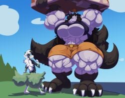 2020 4_toes anthro anthrofied barefoot big_breasts big_muscles black_hair blush bobert bottomwear bra breasts canid canine car closed_eyes clothing cloud day duo feet female generation_3_pokemon generation_7_pokemon grin holding_object huge_breasts huge_muscles hyper hyper_muscles long_hair looking_at_another lycanroc male mammal midnight_lycanroc mightyena muscular nintendo pants plantigrade pokemon pokemon_(species) pokemorph shirt size_difference skogul sky smile toes topwear underwear vehicle white_hair