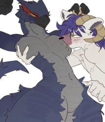 absurd_res anthro anthro_on_anthro anthrofied beak blue_body blue_fur blue_hair bodily_fluids bovid breast_play breast_suck breasts capcom caprine curved_horn duo facial_piercing female female_anthro flying_wyvern front_view fur goat green_eyes grey_body grey_sclera hair hand_on_head hi_res horn interspecies looking_at_another looking_at_partner male male/female male_anthro mammal markings monster_hunter multicolored_body nargacuga navel nipple_fetish nipple_play nipple_suck nose_piercing nose_ring piercing red_eyes red_markings ring_piercing saliva scales scalie sucking tail two_tone_body ventral_scales vulva yolabayola1