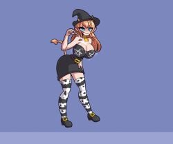1girls black_dress black_shoes blue_eyes blush breast_expansion breast_inflation breasts brown_hair collar cow_bell cow_bell_collar cow_ears cow_girl cow_horns cow_tail female halloween halloween_costume inflation julie_meadowborn large_breasts long_hair looking_at_viewer magic mitboy simple_background smug wand witch witch_hat