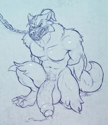 2022 4_toes anthro arm_tuft arms_tied balls big_balls big_penis bodily_fluids bondage bound canid canine canis chained chains cheek_tuft claws clenched_teeth cum cum_drip dripping facial_tuft feet foreskin frown genital_fluids genitals hair hands_behind_back hi_res hindpaw huge_balls huge_cock humanoid_genitalia humanoid_penis knee_tuft kneeling leg_tuft long_penis male male_anthro mammal muzzle_(object) muzzled navel nipples nude_anthro nude_male paper_background paws penis ponytail shoulder_tuft solo submissive submissive_anthro submissive_male suck_mcjones teeth toe_claws toes tuft uncircumcised wolf