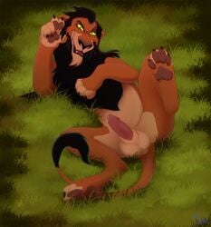 4_toes animal_genitalia animal_penis balls bedroom_eyes bodily_fluids claws disney erection feet felid feline_genitalia feline_penis feral genital_fluids genitals grass hi_res lion looking_at_viewer lying male mammal narrowed_eyes on_back outside pantherine pawpads paws penis plant precum quadruped scar_(the_lion_king) seductive shembreopheline smile solo spread_legs spreading tail tail_tuft the_lion_king toes tuft