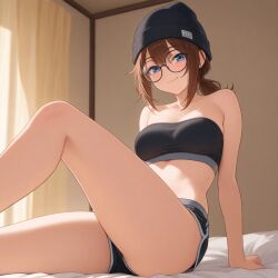 ai_generated beanie blue_eyes brown_hair glasses ponytail shorts small_breasts sports_bra thighs