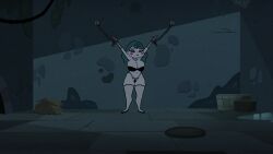 1boy aqua_hair arms_up black_panties blush_stickers bondage bound bra breasts chains cleavage clothing colored_skin cuffs eclipsa_butterfly female female fishnet_thighhighs fishnets green_hair large_breasts legwear long_hair panties pole silk solo spider_web star_vs_the_forces_of_evil steca thelazyart thighhighs underwear
