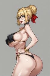 ai_generated ass back bangs bikini black_bikini blonde_hair bracelet breasts choker earrings female glasses green_eyes hair_bun hair_ribbon jewelry large_breasts nail_polish red_ribbon ribbon smile solo swimsuit thighs underboob