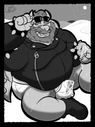 1boy 2025 3:4 anthro balls balls_outline beard belly biker biker_bowser bodily_fluids boots bottomwear bowser bracelet briefs bulge claws clothing cum cum_drip cum_in_clothing cum_in_underwear cum_on_clothing cum_on_hand cum_on_underwear cum_stain cum_through_clothing cum_through_underwear detailed_bulge digital_drawing_(artwork) digital_media_(artwork) dripping erection erection_under_clothing eyewear eyewear_on_head facial_hair fat fat_belly fat_male footwear furry furry_male furry_only genital_fluids genital_outline gorochuinboxers grin grinning_at_viewer hair hairy hi_res horn jacket jewelry koopa leather leather_clothing leather_jacket leather_topwear male male_only mario_(series) mario_kart mario_kart_world mature mature_anthro mature_male monochrome moustache nintendo obese obese_anthro obese_male overweight overweight_anthro overweight_male penis penis_outline reptile scalie shoes smile smiling_at_viewer solo spiked_bracelet spikes sunglasses sunglasses_on_head sweat sweatdrop tail teeth tenting topwear underwear wet wet_clothing wet_underwear