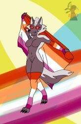 big_breasts big_penis brown_fur clawed_feet clawed_fingers claws felicia_(blindpeacockdraws) flag furry furry_ass furry_breasts furry_ears furry_female furry_only furry_tail hazbin_hotel hazbin_hotel_oc hellhound helluva_boss helluva_boss_oc holding_flag leggings lesbian_pride_colors long_nails mohawk mohawk_(hairstyle) mohawk_female muzzle open_mouth original original_art original_artwork original_character pawpads paws ponytail ponytail_female ponytail_mohawk pride pride_color_clothing pride_color_flag pride_colors pride_flag pride_month red_eyes sleeves snout stripper stripper_clothes stripper_legging stripper_sleeves tail white_fur yuri