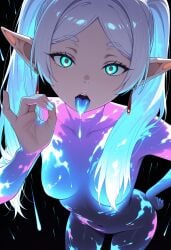 ai_generated blacklight blowjob_face blowjob_gesture bodypaint completely_nude drooling elf frieren frieren_beyond_journey's_end glowing glowing_eyes glowing_hair glowing_markings hand_on_hip lips looking_at_viewer multicolored_hair nude nude_female one_hand_on_hip pointy_ears scarletai_ sexy stable_diffusion standing tongue tongue_out twintails ultraviolet_light white_hair