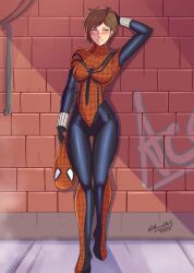 1girls accidart arms_behind_head blue_eyes bodysuit brown_hair commission fit_female fully_clothed highres leaning_against_wall looking_at_viewer marvel marvel_comics mayday_parker self_upload series spider-girl spider-man_(series) standing superheroine twitter_username