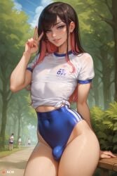 1boy acw ai_generated androgynous bare_legs bare_thighs blue_eyes brown_eyes bulge bulge_through_clothing curvy cute_male femboy feminine_male girly light-skinned_femboy light_skin long_hair looking_at_viewer male multicolored_hair nipple_bulge otoko_no_ko outdoors pink_hair smile solo solo_femboy solo_male sports_uniform sportswear teasing thick_thighs tight_clothing tight_fit trap v