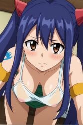 ai_generated arm_strap armband armlet bangs bare_shoulders blue_hair blush breasts brown_eyes cleavage collarbone covered_nipples eyebrows_visible_through_hair fairy_tail female hair_between_eyes leaning_forward long_hair medium_breasts see-through solo tank_top twintails wendy_marvell wet_clothes