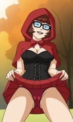 ai_generated ass bigmic145 breasts capelet cartoon_network cleavage corset cosplay female hood panties red_hair red_riding_hood red_riding_hood_(cosplay) scooby-doo scooby-doo!_mystery_incorporated skirt tease teasing velma_dinkley velma_dinkley_(mystery_incorporated)