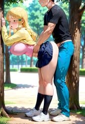 ai_generated big_ass big_breasts blonde_female blonde_hair blonde_hair_female doggy_style hidaka_koharu high_score_girl huge_ass huge_breasts outdoor_sex outdoors sex sex_from_behind standing standing_doggy_style standing_sex thick_thighs thighs