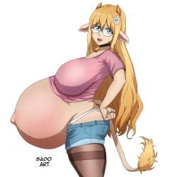 1girls blonde_hair collar cow_bell cow_bell_collar cow_ears cow_girl cow_tail female flower_in_hair fluffy_ears glasses high_waisted_panties horns huge_belly huge_breasts julie_meadowborn long_hair looking_at_viewer outie_belly_button outie_navel panties pink_shirt pregnant pregnant_belly pregnant_female sado_art shorts side_view simple_background stretch_marks tights