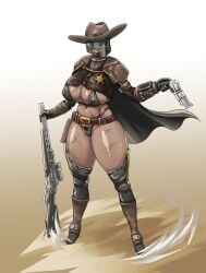1girls alternate_costume bikini black_bikini black_cape black_pubic_hair black_thighhighs boots brown_capelet cameltoe cape capelet cleavage covered_nipples cowboy cowboy_hat crop_top dark-skinned_female dark_skin dual_wielding female gloves gun helldiver_(helldivers) helldivers helldivers_2 helmet highleg_bikini lever_action_rifle long_sleeves pistol pubic_hair pubic_hair_peek revolver rifle scar scar_on_breast scar_on_leg sheriff sheriff_badge sideboob solo t2333_(little_sun) thick_thighs thighhighs