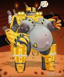 1girls 2023 4_fingers antenna_wire anthro areolar_amelanism areolar_melanosis artist_name belly belly_markings big_belly big_hands big_nipples blush bolt_piercing bolts breast_markings breasts_on_belly claws dark_sclera dated deep_rock_galactic dirty doretta_(deep_rock_galactic) drinking_oil engine exhaust_pipe female fuel_gauge glands_of_montgomery grey_body handles hazard_stripes hazard_symbol helmet holding_drink holding_object huge_areolae huge_breasts lights living_machine living_vehicle looking_at_viewer mining_equipment navel navel_pendant navel_piercing navel_ring nipple_piercing nipples open_smile panel piercing popped_navel pregnant pregnant_anthro pregnant_female red_eyes rocks sagging_breasts sand scuff_marks shewantsthejoystick smile solo speech_bubble thick_thighs treads triangle_(marking) underground watermark wide_hips yellow_armor