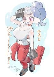 big_breasts blue_hair doro_mizu_831 japanese_text light-skinned_female light_skin nintendo pink_eyes solo solo_female solo_focus splatoon splatoon_3 splatoon_raiders tentacle_hair tools twitter_link waka-chan_(doro_mizu_831)