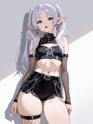 ai_generated black_crop_top black_eyelashes black_eyeliner black_lipstick black_shorts choker collar cowboy_shot crop_top drop_shadow elf elf_ears fishnet_armwear fishnet_legwear fishnets frieren frieren_beyond_journey's_end goth goth_makeup jewelry long_hair looking_at_viewer plain_background pointy_ears scarletai_ shadow simple_background spiked_choker spiked_collar spiky_collar standing sweat twintails unstable_diffusion white_background
