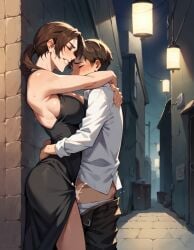 1boy 1girls against_wall age_difference ai_generated alley armpits breast_press busty closed_eyes clothed clothed_sex cum_in_pussy dress female femdom hug implied_sex lara_croft male night older_female older_female_and_younger_male orgasm pants_down pants_pull rtxfus rtxfus34 standing standing_missionary standing_sex sweat tomb_raider young younger_male