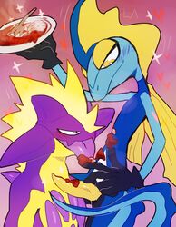 2boys 5_fingers amped_toxtricity anthro anthro_on_anthro blue_body blue_scales blush duo erection fingers food food_play gay half-closed_eyes hi_res inteleon licking male male_only narrowed_eyes nintendo oodi_(artist) penis pokémon_(species) pokemon pokemon_(species) pokemon_ss purple_body purple_scales reptile scales scalie seductive sex simple_background smile spikes tongue tongue_out toxtricity video_games yaoi yellow_body yellow_eyes yellow_scales