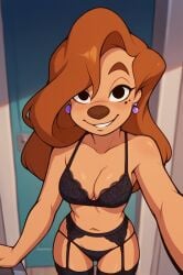 a_goofy_movie ai_generated black_bra black_eyes black_legwear black_panties bra breasts cleavage curly_hair disney earrings female garter_belt goof_troop grey_eyes indoors jewelry lingerie long_hair medium_breasts navel panties roxanne_(goof_troop) self_shot smile solo thighhighs underwear underwear_only