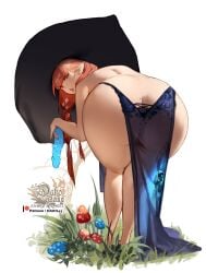 absurdres artist_name ass backless_outfit bent_over black_hat female from_behind full_body hat highres holding holding_sex_toy hu_dako large_hat long_hair looking_at_viewer looking_back mushroom orange_eyes orange_hair original pelvic_curtain pointy_ears revealing_clothes see-through_clothes see-through_pelvic_curtain sex_toy simple_background solo white_background witch_hat