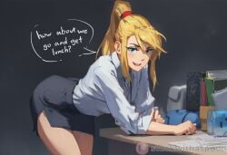 1girls ai_assisted ai_generated ass bent_over blonde_female blonde_hair blue_eyes breasts clothed female happy legs looking_at_viewer office office_clothing office_lady samus_aran sexually_suggestive stuckwithaspoon talking_to_viewer thighs tight_skirt