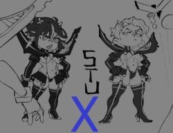 2girls alternate_breast_size alternate_costume annoyed big_breasts black_and_white black_hair black_skirt breasts chibi_style cosplay croix_meridies crossover female female_focus greyscale hair_between_eyes high_heels high_heels_boots kill_la_kill little_witch_academia matoi_ryuuko mature_female miniskirt monochrome open_clothes open_mouth raised_eyebrow revealing_clothes senketsu senketsu_(cosplay) sexy_clothing side_eye skirt spoken_question_mark strap studentgakaarts studio_trigger thick_thighs thigh_strap thighhighs thighs underboob