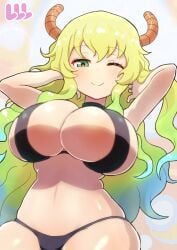 1girls big_breasts bikini bikini_bottom bikini_top black_bikini blonde_hair boobs breasts cleavage female female_only green_eyes hair hands_behind_head horns huge_breasts long_hair looking_at_viewer mature mature_female mature_woman miss_kobayashi's_dragon_maid one_eye_closed ozrereresan quetzalcoatl_(dragon_maid) solo solo_female swimsuit swimwear two_tone_hair wink winking