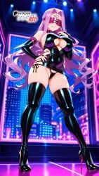 ai_generated areola_slip black_thighhighs blindfold bodycon bodysuit boosterred99 boots bridal_gauntlets collar fate/grand_order fate_(series) full_body high_heel_boots illustrious_(stable_diffusion) large_breasts latex latex_clothing latex_gloves legs long_hair medusa_(fate) medusa_(rider)_(fate) naughty_face night nightclub pony_diffusion_xl purple_hair side-tie_bikini sideboob stable_diffusion thick_thighs thighs thong