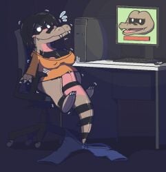aliasing areola areola_slip black_stripes blush blush_lines bodily_fluids breasts brown_body busty_feral chair computer_monitor computer_mouse desk digital_media_(artwork) fangs female feral flying_sweatdrops furniture furry generation_5_pokemon implied_transformation inanimate_transformation keyboard krokorok nintendo oagoner office_chair pokemon pokemon_(species) sitting smile solo stripes sweat sweatdrop table teeth transformation