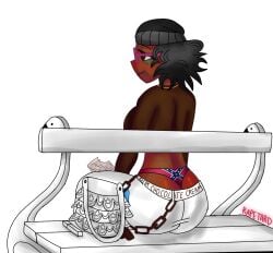 1girl 1girls 2d 2d_(artwork) 2d_artwork art artist_name artist_signature artwork artwork_(digital) back_view bag baggy_pants bags_under_eyes beanie beanie_hat bench black_beanie black_hair black_hat brown_eyes chewing closed closed_mouth clothed clothed_female clothing confederate_flag curly_hair dark-skinned_female dark_skin digital digital_art digital_media digital_media_(artwork) eating eating_food eyes eyes_open female female_focus female_only flag_print flag_underwear glasses glasses_on_face hat long_sleeve long_sleeve_shirt mouth mouth_closed necklace necklace_female no_visible_genitalia no_visible_nipples open_eyes pants pink_glasses questionable race_swap raceplay rapetard s0d0my_s1n short_hair sit sitting solo solo_female solo_focus soyjak.party soytan thong underwear white_bag white_pants