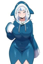2025 absurd_res aged_up ai_generated animal_humanoid anthro big_breasts blue_eyes blue_hair blush breasts clothing female fish fish_humanoid gawr_gura grey_hair hair hellsonger hi_res hololive hood hoodie humanoid looking_at_viewer mammal marine marine_humanoid shark_humanoid silver_hair simple_background smile solo virtual_youtuber white_background wide_hips