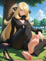 1girls ai_generated barefoot blonde_hair clothed clothed_female clothing cynthia_(pokemon) feet female female_only foot_fetish foot_focus game_freak light-skinned_female light_skin nintendo outdoors outside pokemon pokemon_bdsp pokemon_dppt public soles solo solo_female solo_focus toes