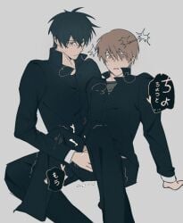 2boys black_hair blush breath brown_hair class_3-z cum cum_on_body cum_on_clothes gakuran gay gintama halonikoo263745 handjob hijikata_toshiro implied_handjob male male_only no_visible_genitalia official_alternate_costume okita_sougo school_uniform sitting sweat yaoi
