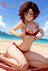 1girls 2d ai_generated ass back barefoot beach beachball big_ass big_breasts bikini black_bikini day erophoenix feet female gradient_hair looking_at_viewer looking_back multicoloured_hair nipple_slip nipples outdoors pale_skinned_female patreon_username red_hair ruby_rose rwby short_hair sitting sky smile soles solo swimsuit two-tone_hair umbrella uncensored