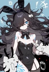 1girls big_breasts black_bunnysuit black_hair blue_eyes brainwashed_cat bunnysuit cute kasli_the_bane killer_cat legwear looking_at_viewer the_battle_cats