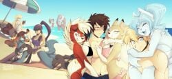 2019 alolan_form alolan_ninetales anthro anthrofied beach blush breasts canid canine clothing detailed_background felid feline female fossil_pokemon generation_4_pokemon generation_6_pokemon generation_7_pokemon hand_in_pants hi_res human incineroar interspecies looking_pleasured lucario lycanroc male mammal midday_lycanroc midnight_lycanroc nintendo pokemon pokemon_(species) pokemorph pokephilia public regional_form_(pokemon) reptile scalie seaside skwidbone swimwear tail tyrantrum