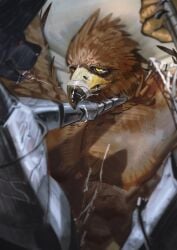 anthro armor avian beak bird bodily_fluids brown_body brown_feathers clothed clothing cum cum_on_body duo elden_ring elden_ring_nightreign feathers fromsoftware genital_fluids guardian guardian_(nightreign) hi_res holding_neck male mmuscular muscular muscular_male pecs red_eyes saliva saliva_string simple_background toothlee yellow_beak yellow_eyes