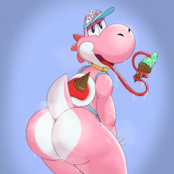 1:1 1boy absurd_res anus ass bedroom_eyes big_butt bodily_fluids chaifoxart dessert drooling food hi_res ice_cream looking_at_viewer looking_back male male_only mario_(series) mario_kart_world musk musk_clouds narrowed_eyes nintendo pink_body pink_yoshi presenting presenting_hindquarters raised_tail rear_view reptile saliva scalie seductive simple_background soft_server_yoshi solo sweat sweaty_butt tail tongue tongue_out yoshi yoshi_(soft_server)