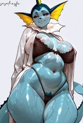 ai_generated areola_slip furry large_breasts pokemon pubic_hair_peek sasakinsfw tagme thick_thighs thong vaporeon white_robe