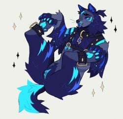 2023 5_fingers andromorph andromorph_anthro anthro big_clitoris black_collar blep blue_clitoris blue_eyes blue_fangs blue_inner_ear blue_markings blue_pawpads blue_sclera blue_tail blue_teeth blue_tongue blue_vulva canid canine canis clitoris collar collar_tag cuntboy digital_drawing_(artwork) digital_media_(artwork) english_description feet fingers full-length_portrait fur genitals harness hi_res hindpaw holding_feet humanoid_vulva intersex intersex_anthro leg_tuft mammal markings multicolored_body multicolored_fur narrowed_eyes pawpads paws portrait purple_body purple_fur simple_background smile solo sparkles tail tan_background teal_markings teeth tongue tongue_out trans_(lore) trans_man_(lore) tuft whiskers wolf yakpup