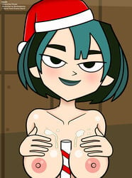 1girls 2019 bankaipacay bedroom_eyes big_breasts bimbo breasts candy_cane cartoon_network christmas cream female gothic green_hair gwen_(tdi) hand_on_breast human human_only nude outercourse paizuri seductive topless total_drama_island white_skin