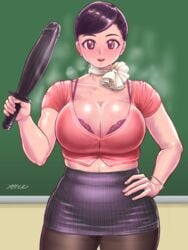 blushing bottomless bra bracelet breasts cleavage dildo dress earrings female hair_bun heavy_breathing large_breasts merotoron pantyhose ribbon_choker skirt stomach sweat sweating sweaty sweaty_breasts teacher thick_thighs